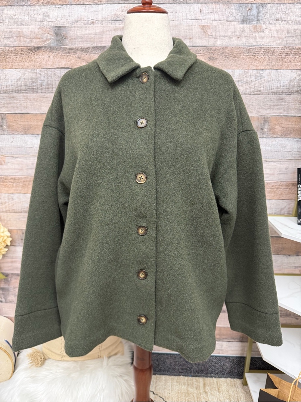Reformation Green Wool Blend Shirt Jacket